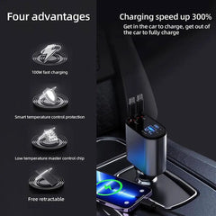 100W 4 in 1 Einziehbares Autoladegerät USB Typ C/Lightning